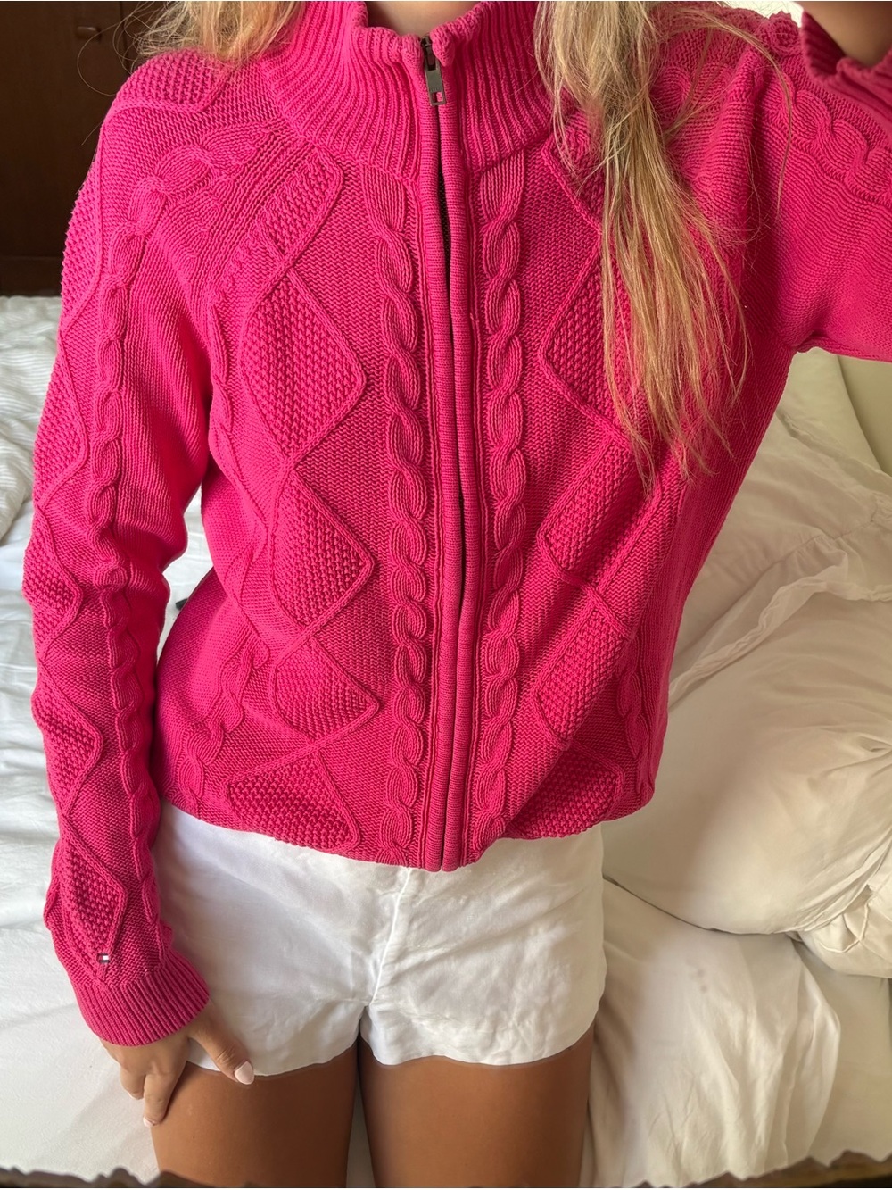 Tommy Hilfiger Hot Pink Zip-Up Cable Knit Sweater